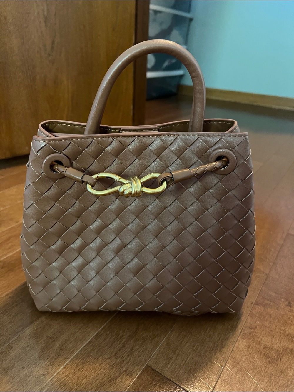 Woven Tote Handbag in Light Brown with Gold Accent